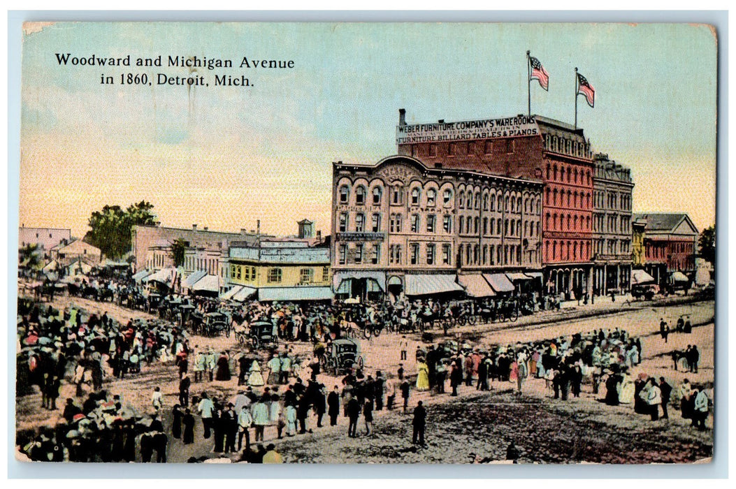 c1940s Woodward And Michigan Avenue in 1860 Detroit MI Unposted Vintage Postcard