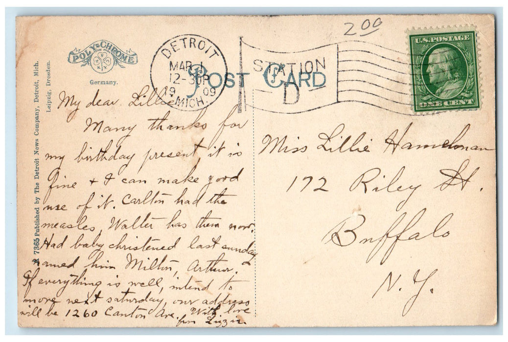 1909 Officers Lane Fort Wayne Trees Houses Detroit MI Posted Antique Postcard