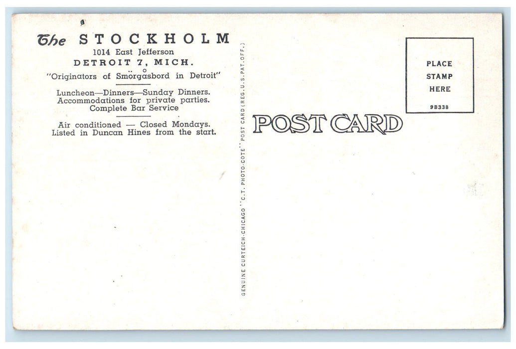 c1960s The Stockholm Restaurant Dining Room Scene Detroit MI Unposted Postcard