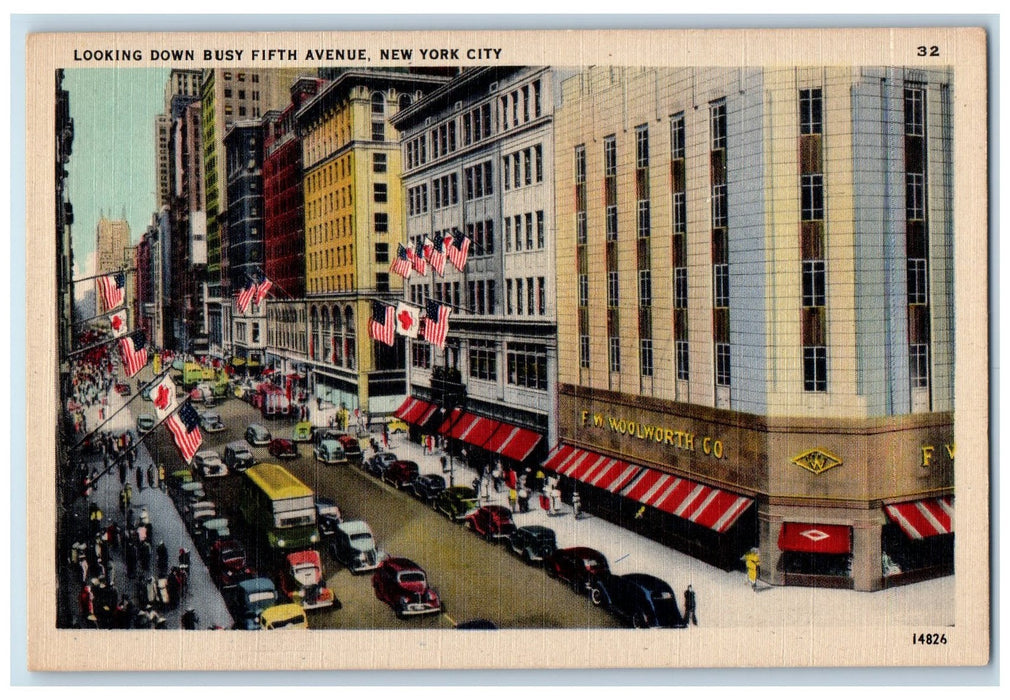 c1940 Looking Down Busy Fifth Avenue Classic Cars View New York City NY Postcard