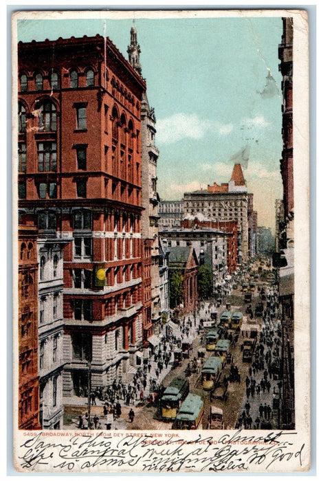 1907 Broadway North From Dey Street Buildings Trolley New York City NY Postcard