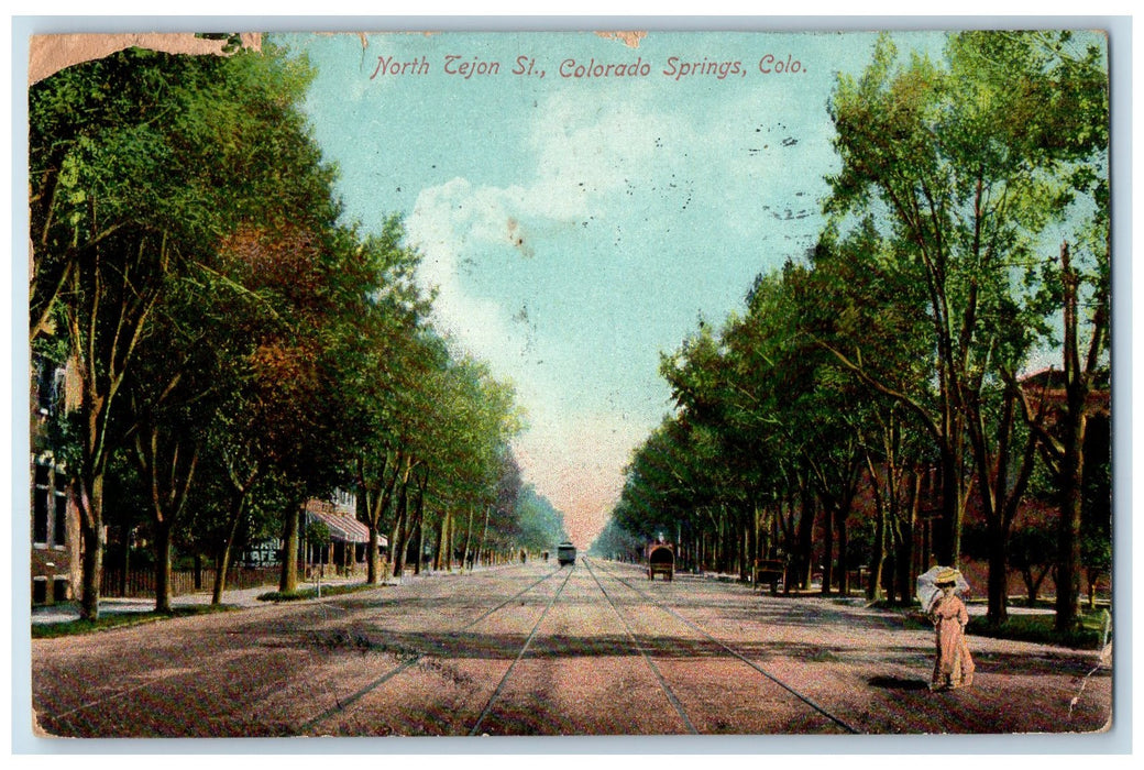 1909 North Tejon St. Railway Dirt Road Wagon Woman Colorado Springs CO Postcard