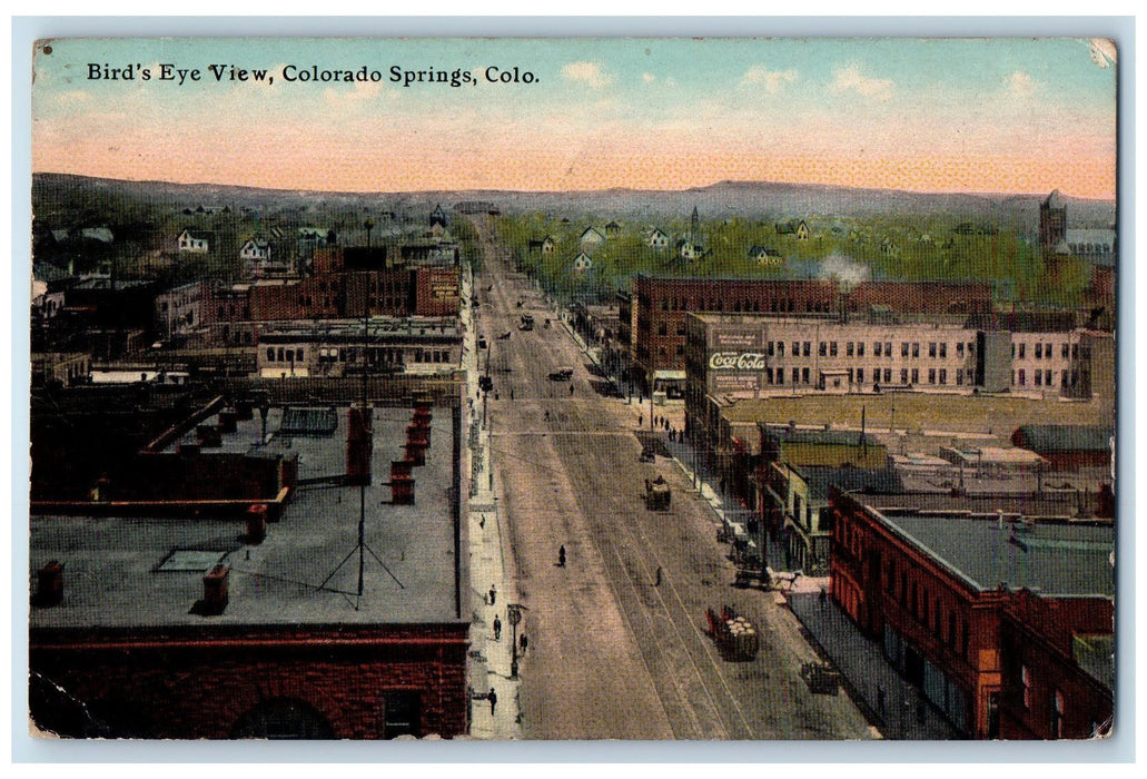 1911 Bird's Eye View Buildings Railway Wagon Trees Colorado Springs CO Postcard