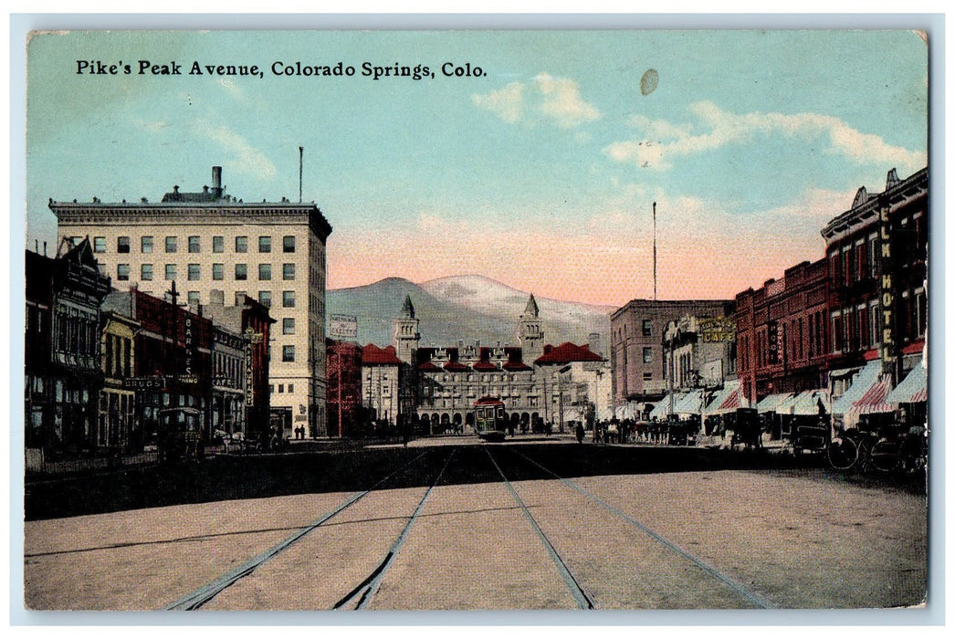1912 Pike's Peak Avenue Railroad Trolley Buildings Colorado Springs CO Postcard