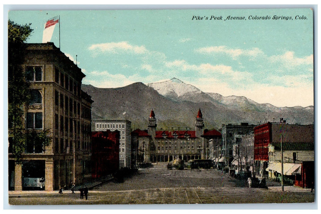 c1950 Pike's Peak Ave. Railroad Buildings Mountains Colorado Springs CO Postcard