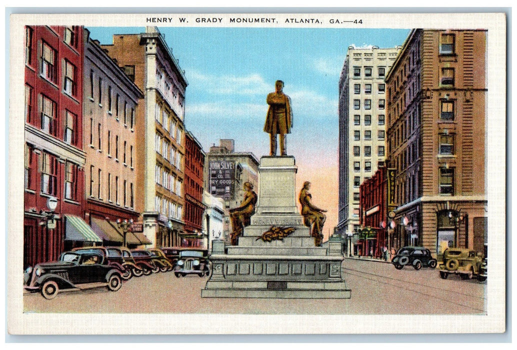 c1950's Henry W. Grady Monument Statue Classic Cars Atlanta Georgia GA Postcard