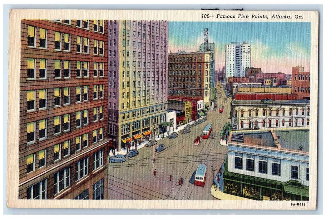 c1950's Famous Five Points Buildings Railway Trolley Atlanta Georgia GA Postcard