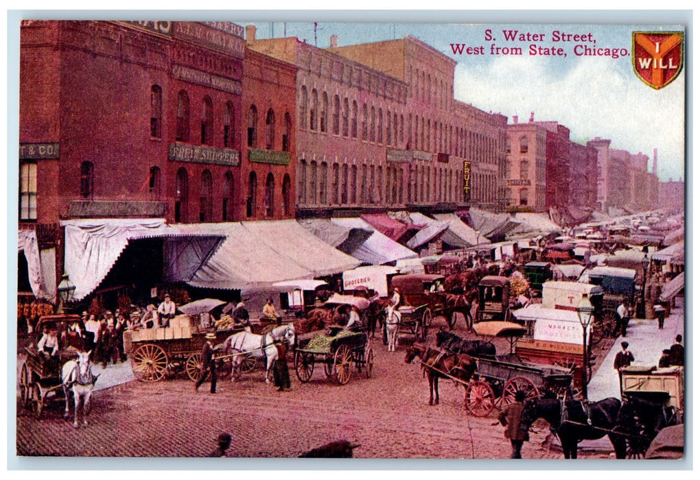 c1950 South Water St. West From State Market Carriage Wagon Chicago IL Postcard