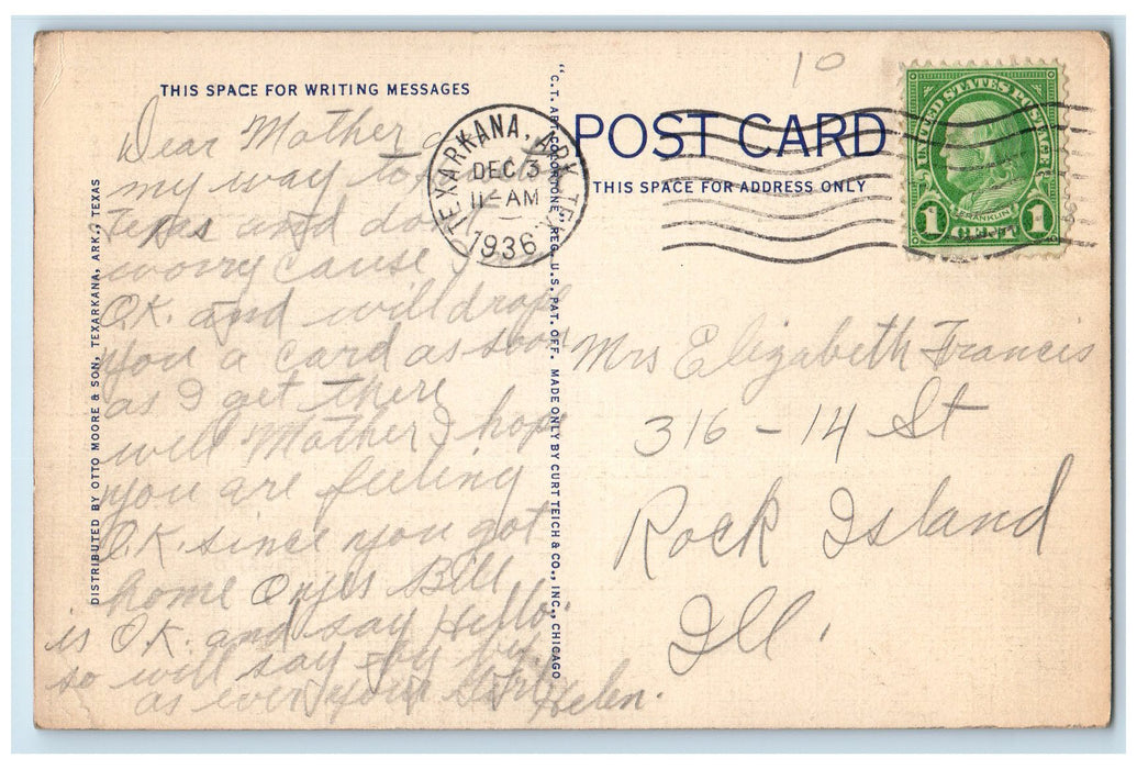 1936 State Line Ave. Hotel Restaurant Classic Car Texarkana Arkansas TX Postcard