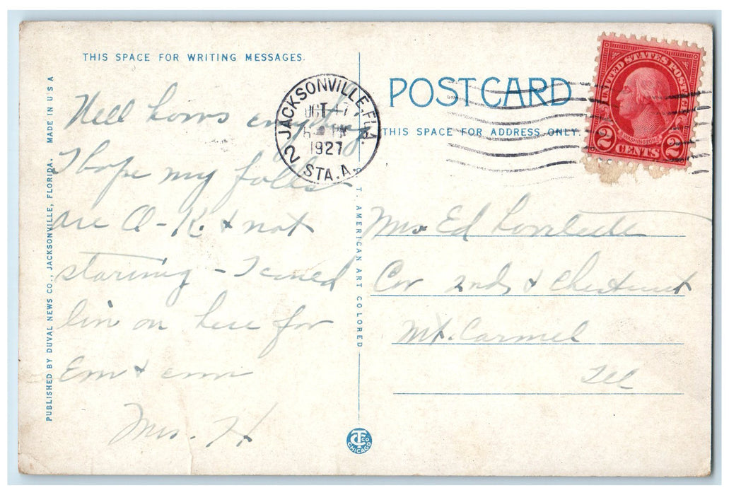 1927 Hemming Park Windsor Hotel Restaurant Building Jacksonville FL Postcard