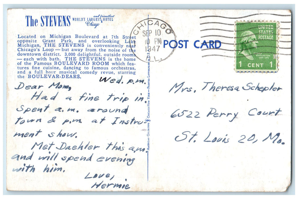 1947 The Stevens Hilton Hotel Restaurants Buildings Chicago Illinois IL Postcard