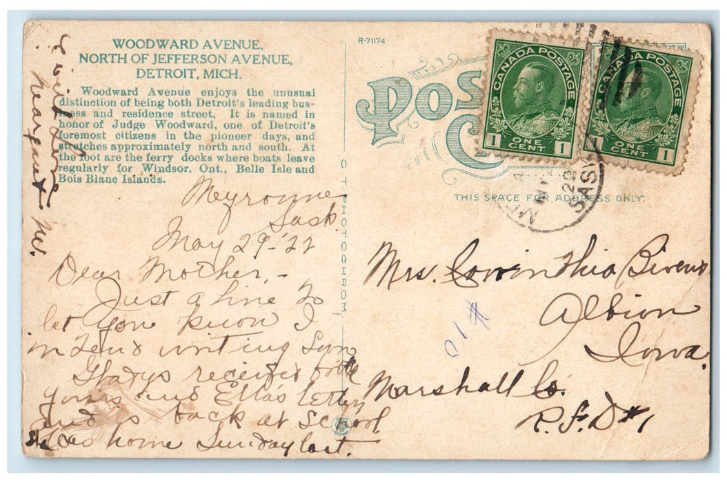 1922 Woodward Avenue North Jefferson Ave. Railway Buildings Detroit MI Postcard