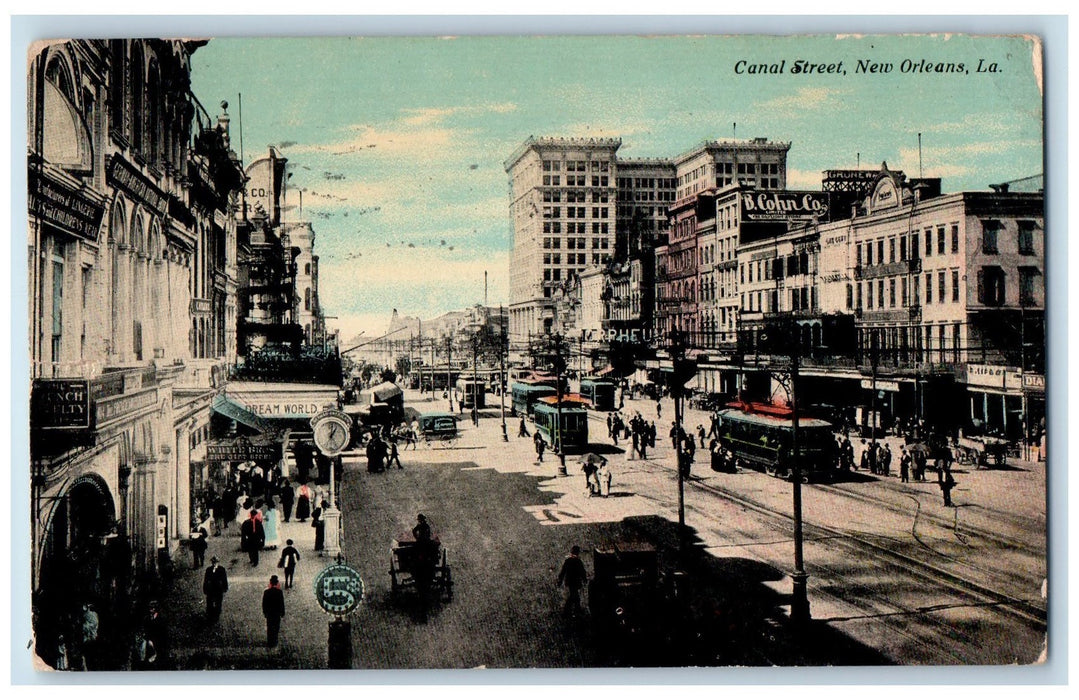 1910 Canal Street Railway Trolley Buildings Wagon People New Orleans LA Postcard