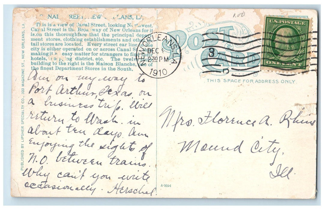 1910 Canal Street Railway Trolley Buildings Wagon People New Orleans LA Postcard