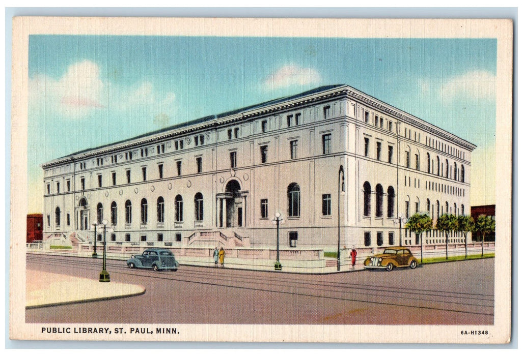 c1940's Public Library Building Classic Cars View St. Paul Minnesota MN Postcard