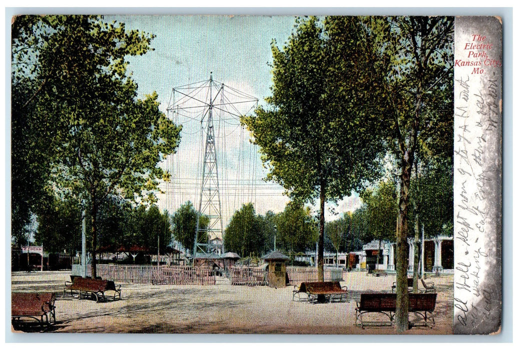 1907 The Electric Park Benches Truss Tower Tree Kansas City Missouri MO Postcard