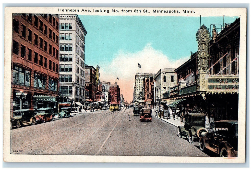 c1920's Hennepin Avenue 8th Street Classic Cars Buildings Minnesota MN Postcard