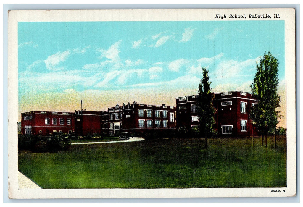1949 High School Campus Building Entrance Road Belleville Illinois IL Postcard