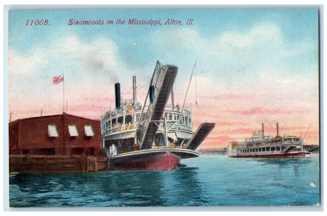 c1950's Steamboats On Mississippi Passenger Ferry Alton Illinois IL Postcard