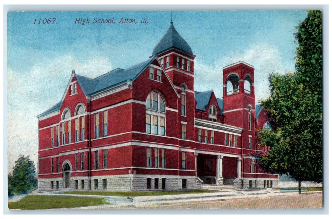 c1950's High School Building Campus Tower Street Road Alton Illinois IL Postcard