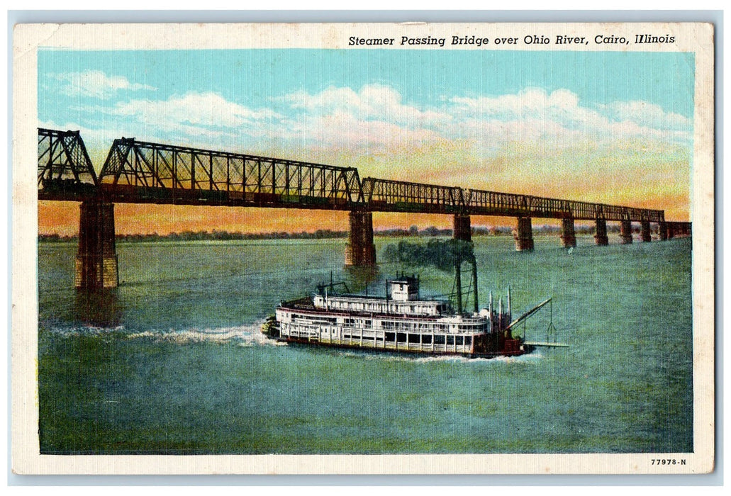 1949 Steamer Passing Bridge Over Ohio River Smokestacks Ferry Cairo IL Postcard