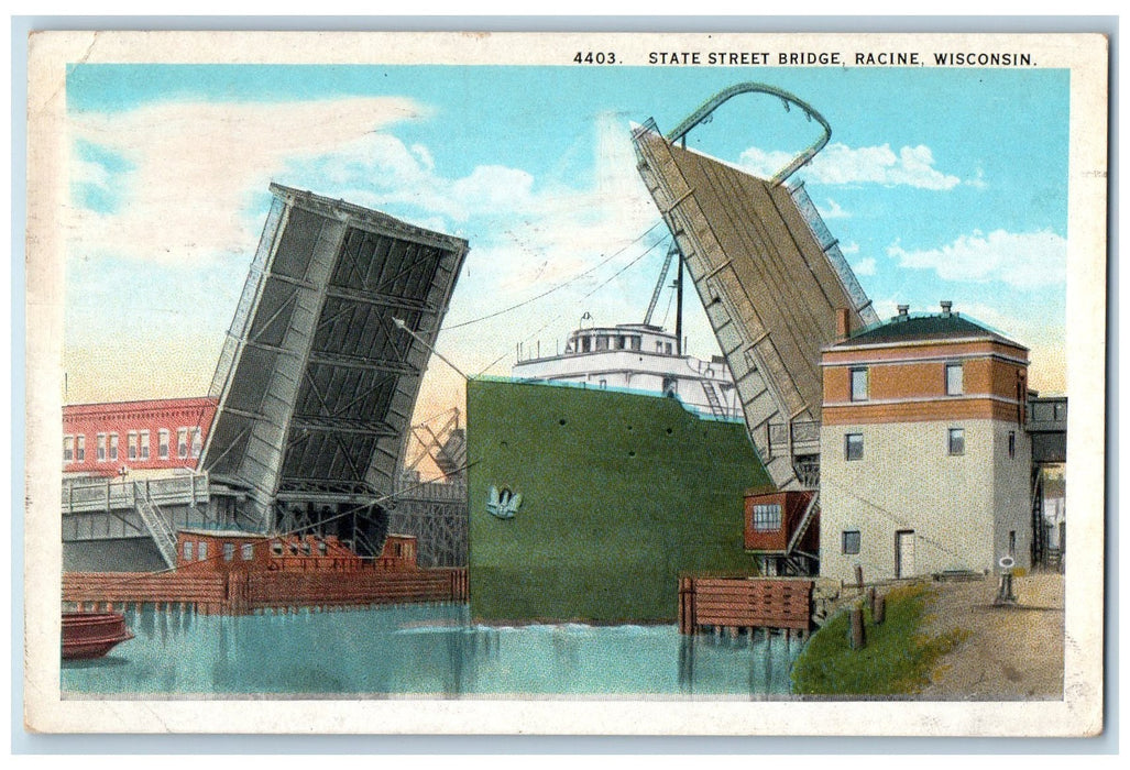 c1920 State Street Bridge Opening Ship Boat On Board Building Racine WI Postcard