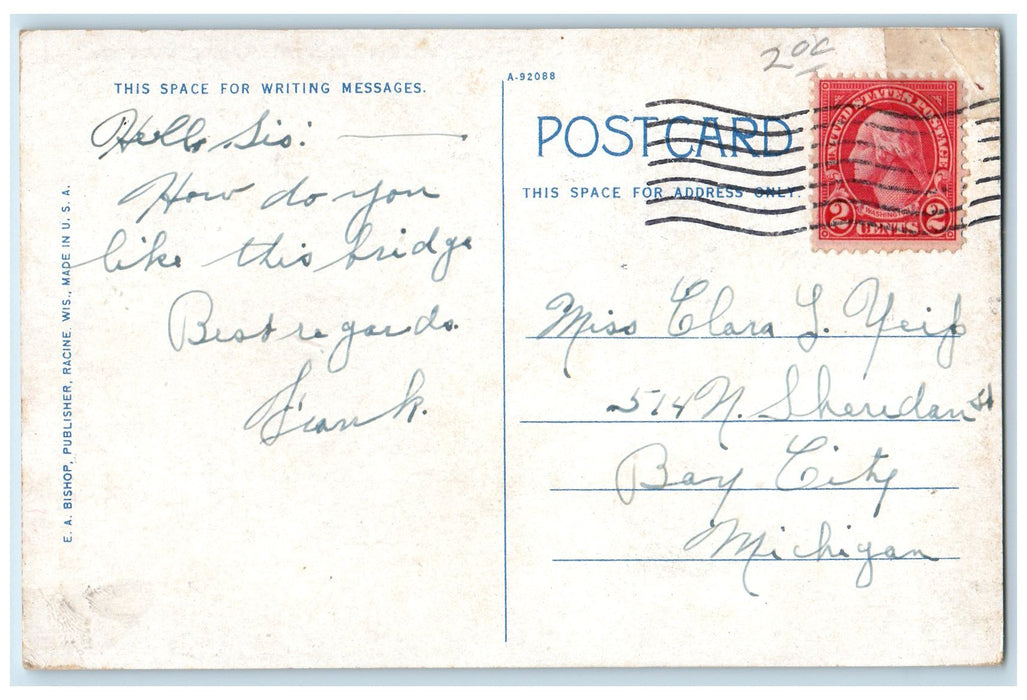 c1920 State Street Bridge Opening Ship Boat On Board Building Racine WI Postcard