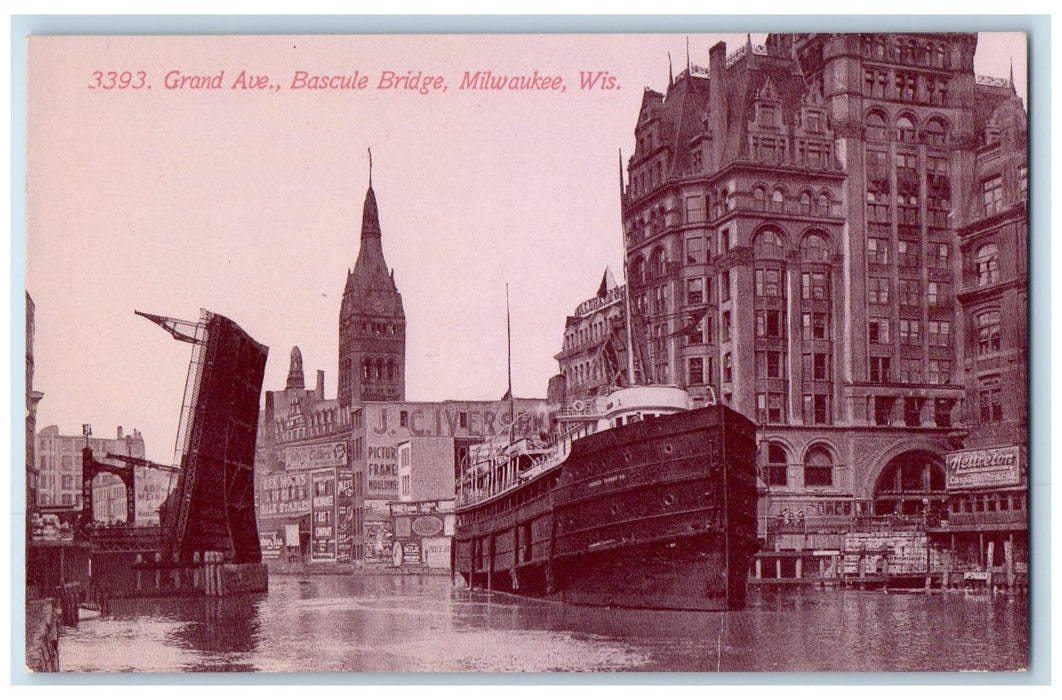 c1950 Grand Avenue Bascule Bridge Passenger Ship On Board Milwaukee WI Postcard