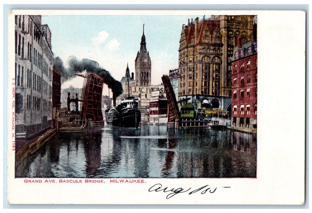 c1905 Grand Avenue Bascule Bridge Opening Boat Smokestacks Milwaukee WI Postcard