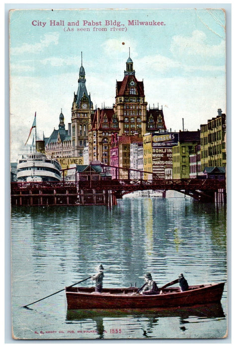 1911 City Hall & Pabst Building Boats Paddling Dock Bridge Milwaukee WI Postcard