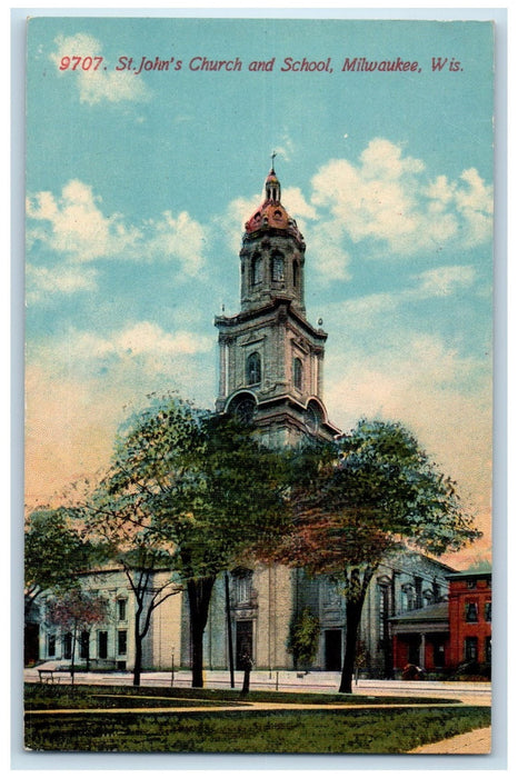 c1950's St. John's Church & School Campus Building Tower Milwaukee WI Postcard