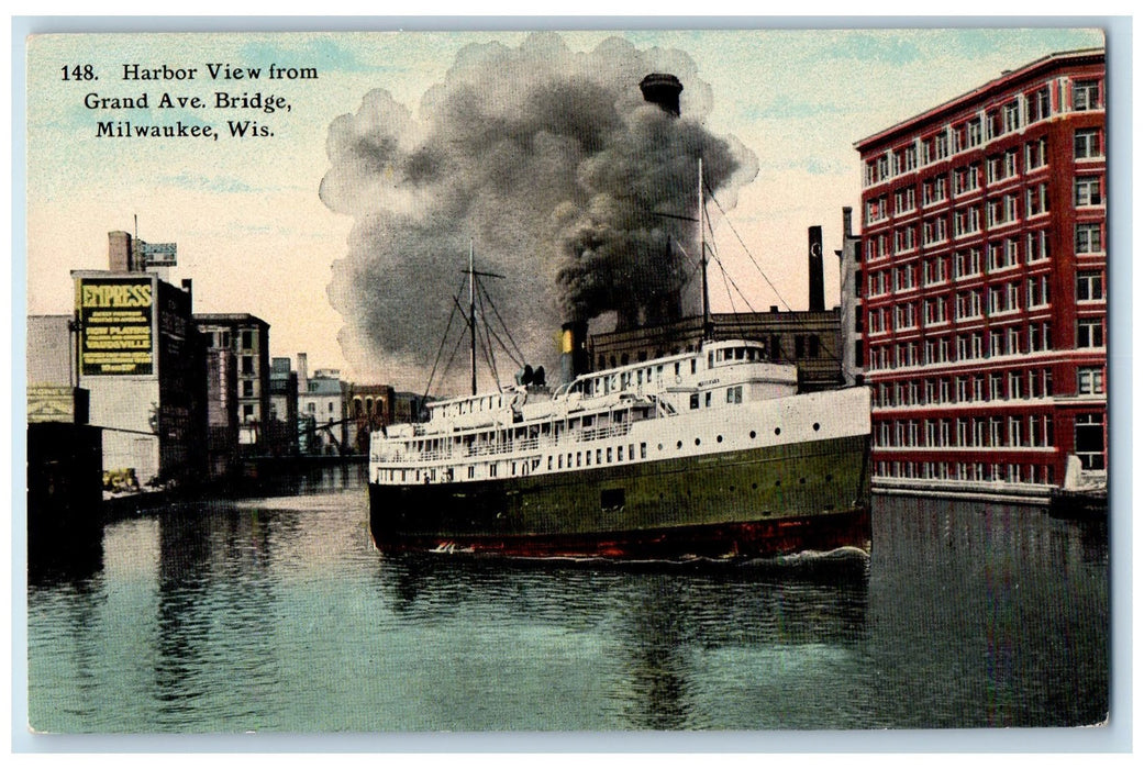 c1950's Harbor View Grand Avenue Bridge Ship Smokestacks Milwaukee WI Postcard