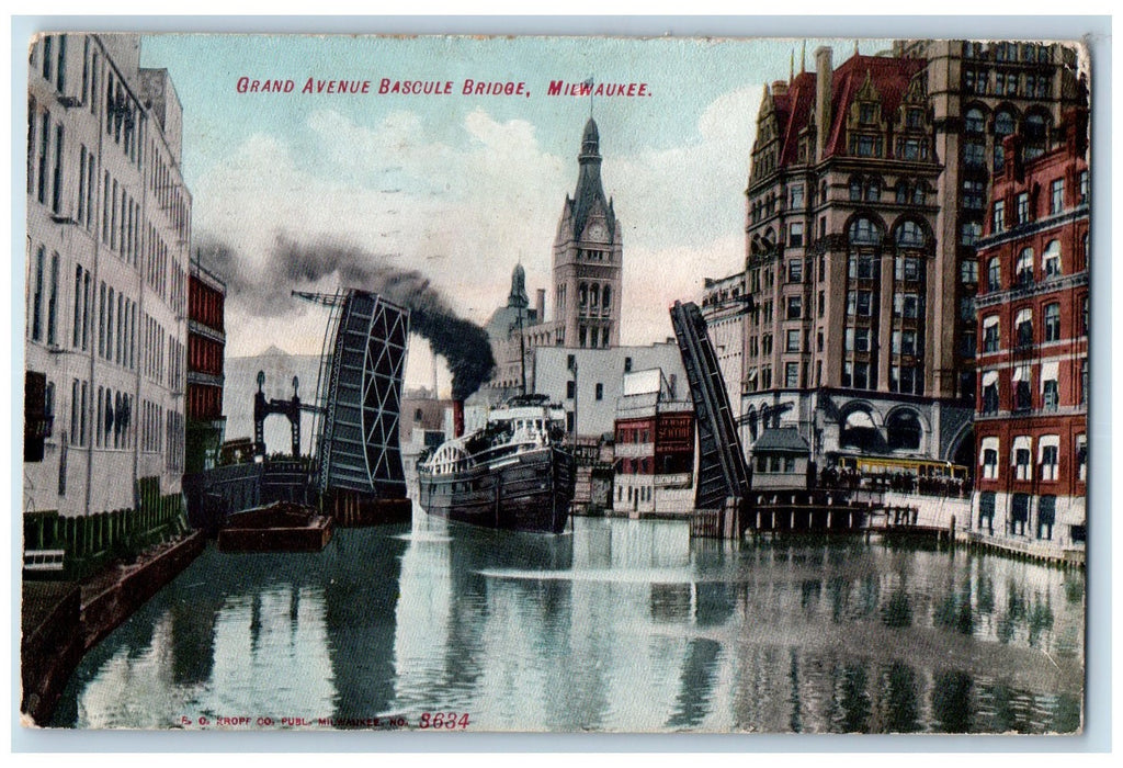 1909 Grand Avenue Bascule Bridge Passenger Boat Smokestack Milwaukee WI Postcard