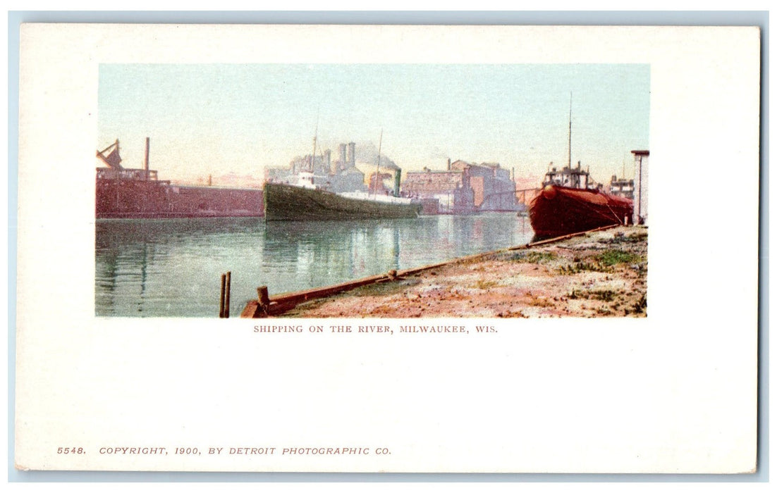 c1905 Shipping On The River Boats Dock Smokestacks Bridge Milwaukee WI Postcard