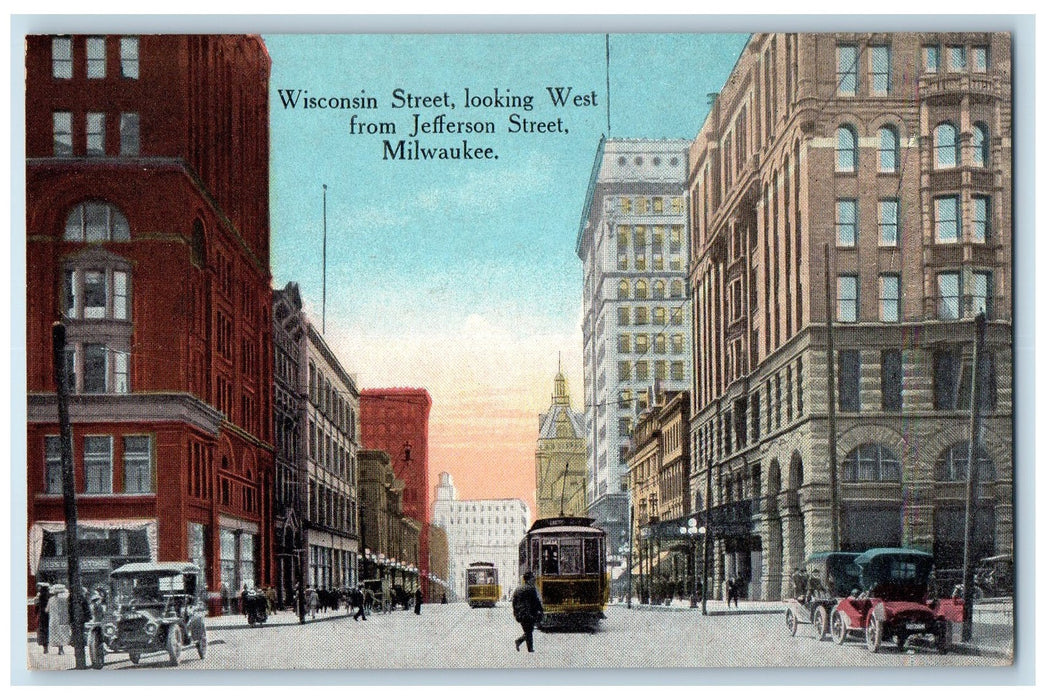 c1910 Wisconsin Street From Jefferson Street Classic Cars Milwaukee WI Postcard