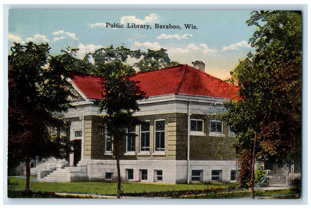 c1950 Public Library Building Entrance Stairs Tree Baraboo Wisconsin WI Postcard