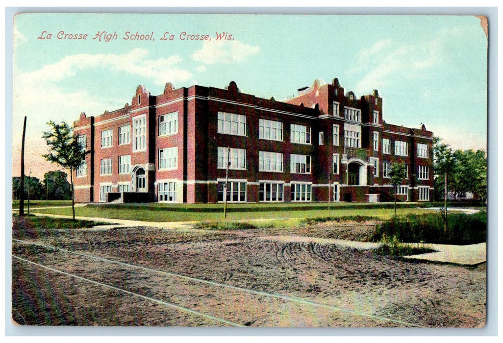 c1950's La Crosse High School Campus Building Dirt Road Railway View WI Postcard