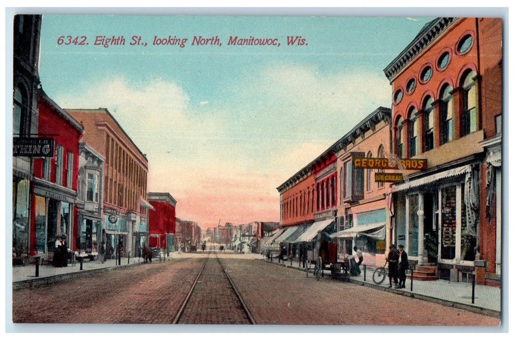 c1950 Eight Street Looking North Railway Stores Manitowoc Wisconsin WI Postcard