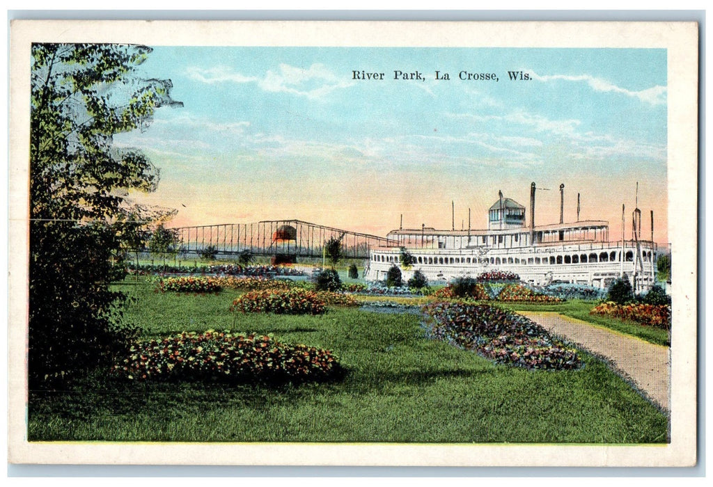 c1920 River Park Boat Dock Flowers Beads Bridge La Crosse Wisconsin WI Postcard