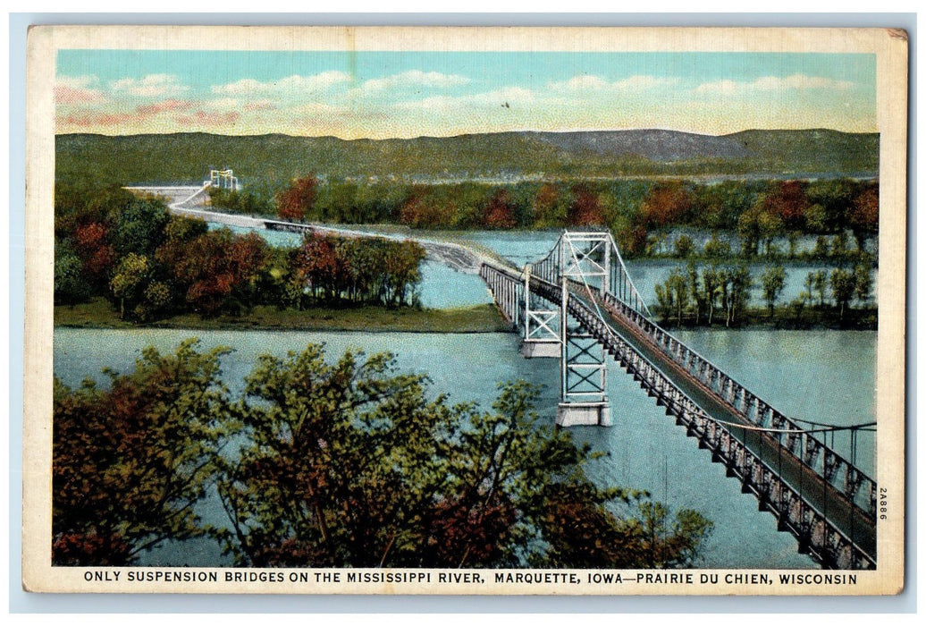 c1920's Suspension Bridges On Mississippi River View Marquette Iowa IA Postcard