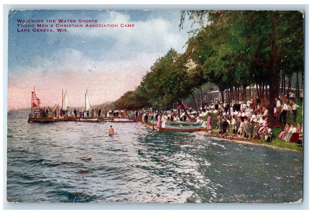 1920 Watching Water Sports YMCA Camp Sailboats Tourists Lake Geneva WI Postcard