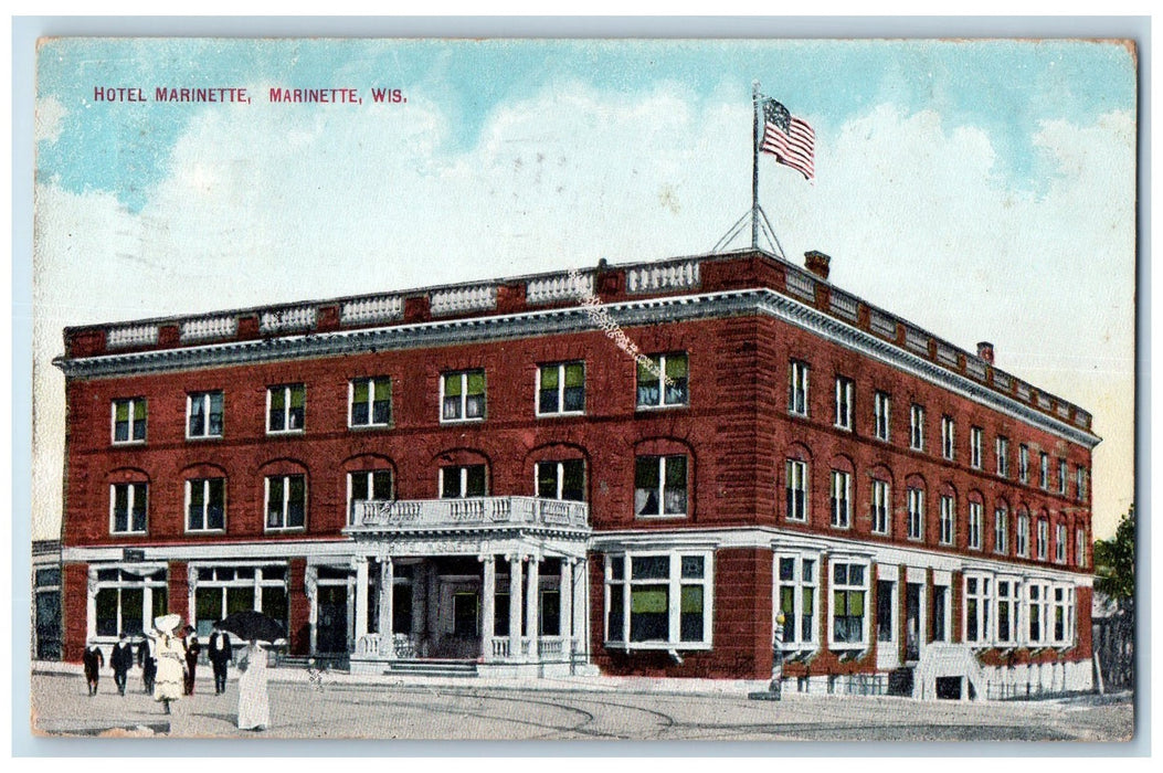1910 Hotel Marinette Restaurant Building Entrance Guests Dirt Road WI Postcard