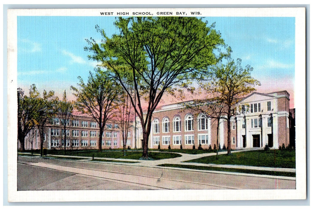 c1940's West High School Campus Building Roadside Pathways Green Bay WI Postcard