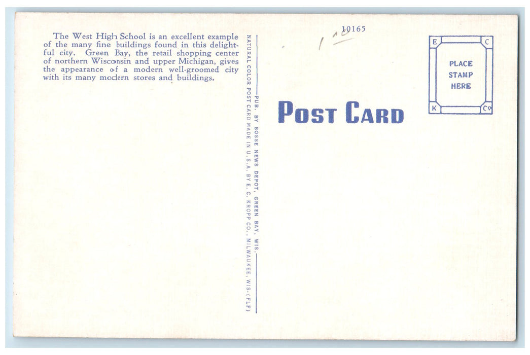 c1940's West High School Campus Building Roadside Pathways Green Bay WI Postcard