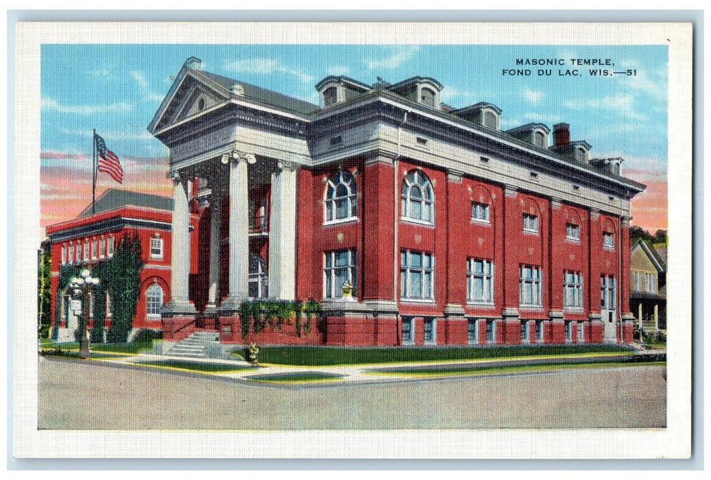 c1940 Masonic Temple Building Stairs Entrance Fond Du Lac Wisconsin WI Postcard