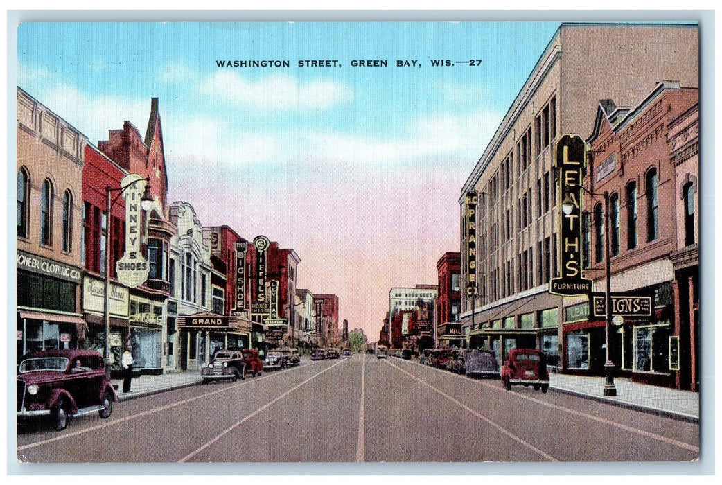 c1940 Washington Street Classic Cars Parked Establishments Green Bay WI Postcard