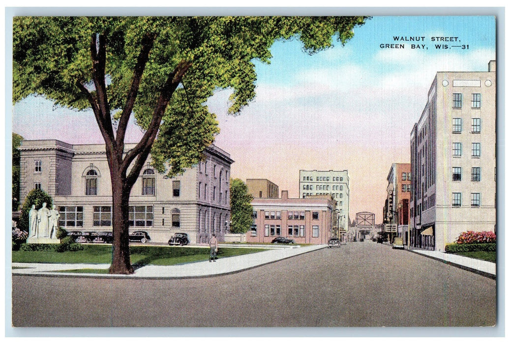 c1940 Walnut Street Buildings Classic Cars View Green Bay Wisconsin WI Postcard