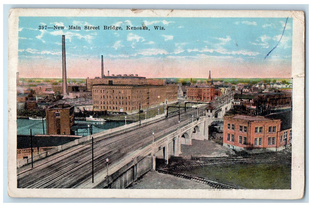 c1920 New Main Street Bridge Buildings Lake Railroad Boats Kenosha WI Postcard