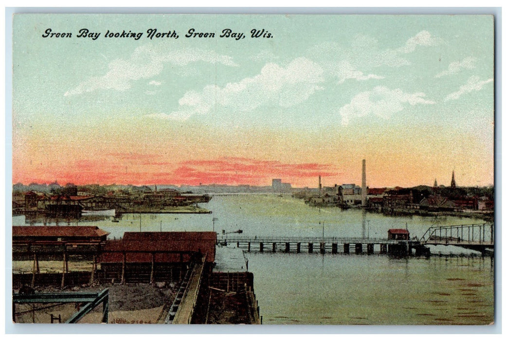 c1950's Green Bay Looking North Truss Bridge Buildings Green Bay WI Postcard