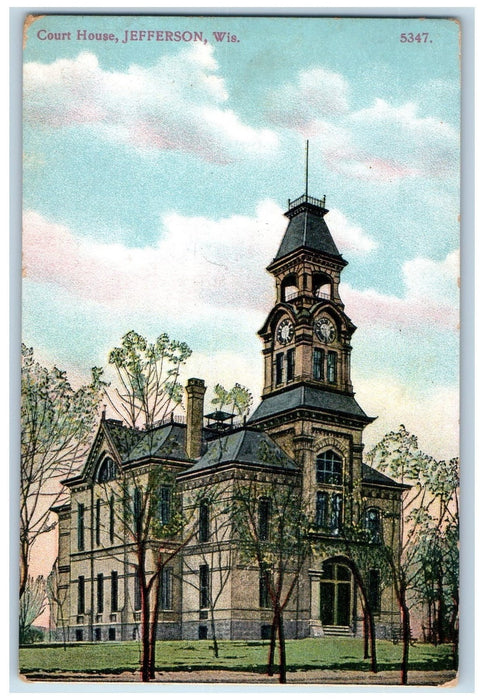 c1950 Court House Clock Tower Building Entrance Dirt Road Jefferson WI Postcard